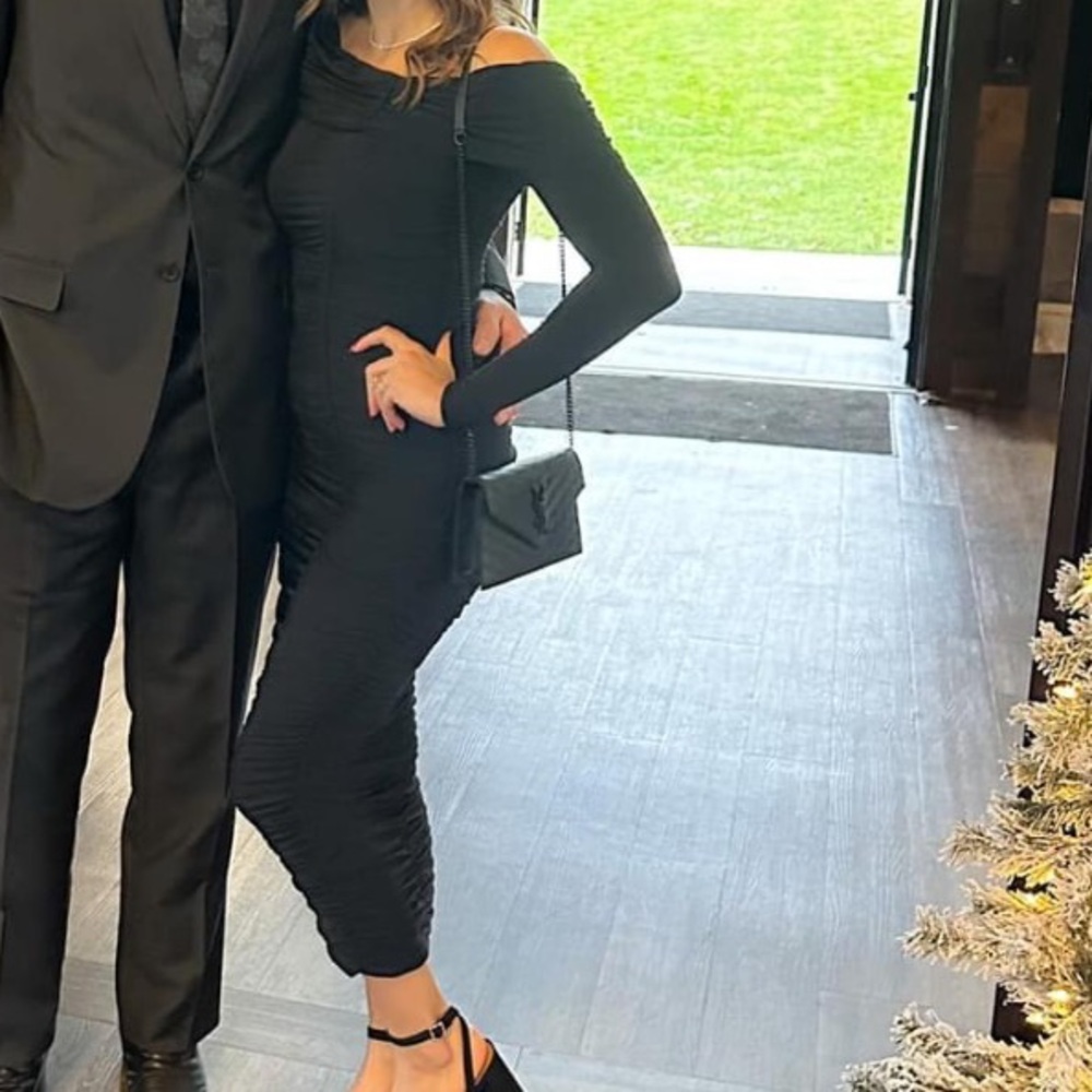 Naked wardrobe ruched long sleeve off the shoulder midi dress